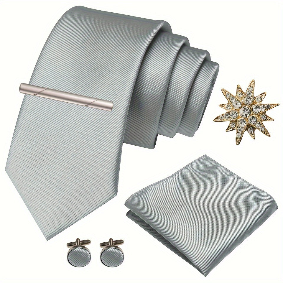 Erkaklar uchun satinning twill galstuk to'plami, galstuk klipi, cho'ntak sharlari, manşet o'rashlar va brosh uchun rasmiy tadbirlar