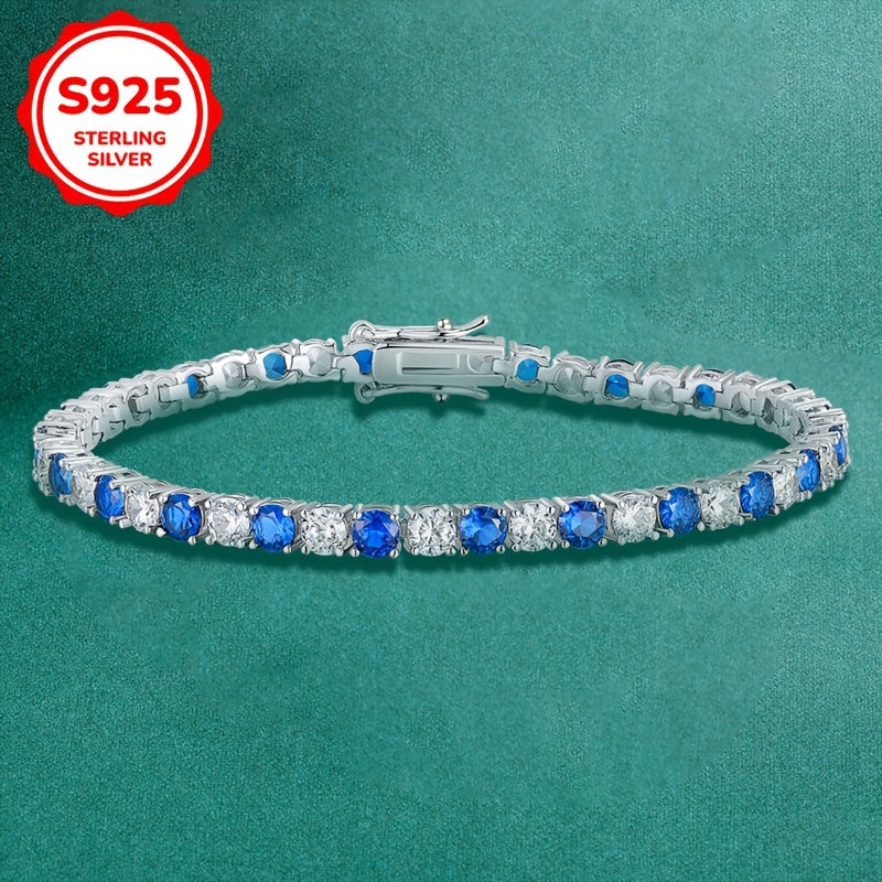 Women's Sterling Silver Tennis Bracelet with Blue and White Cubic Zirconia for Daily and Party Wear