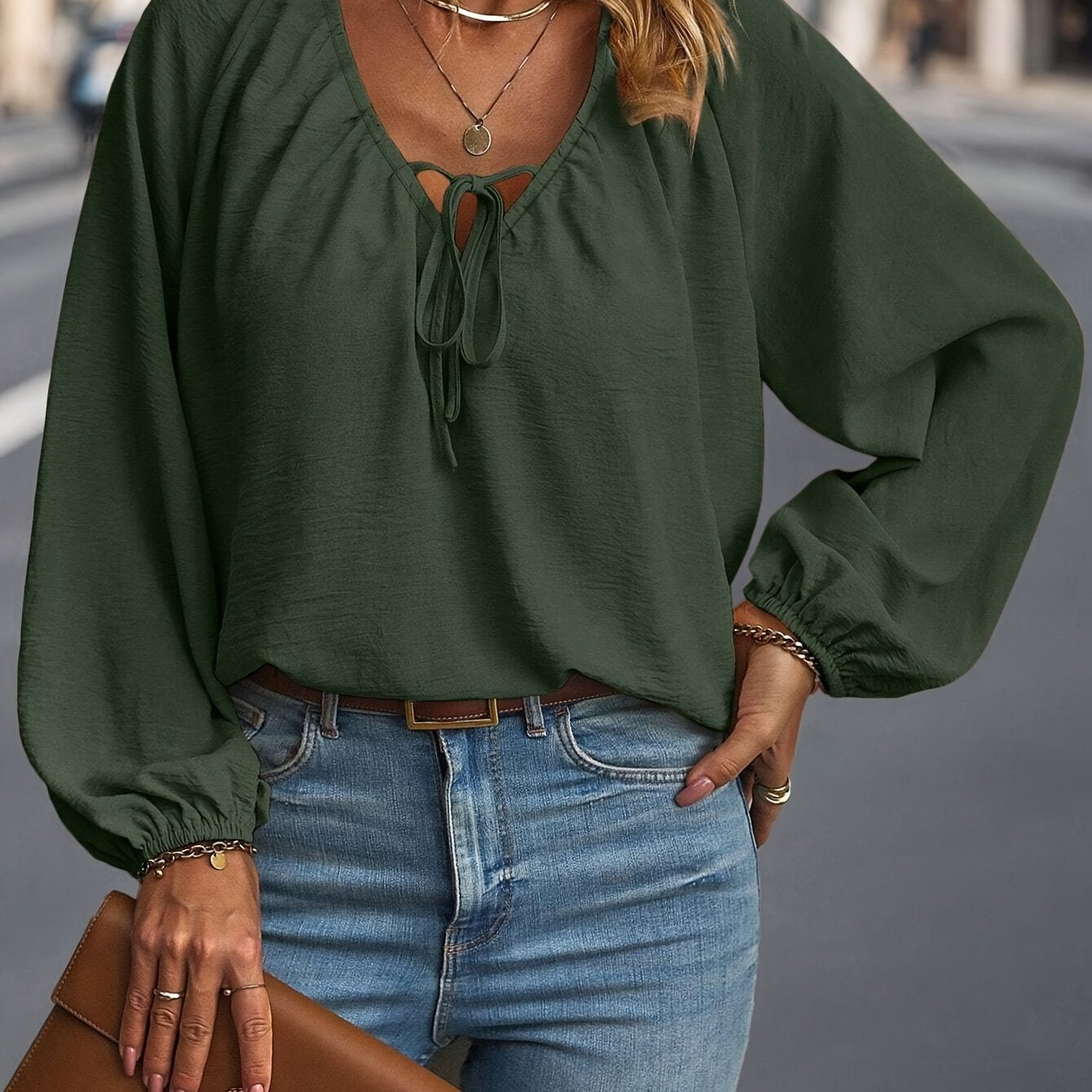 Women's Plus Size Solid Long Sleeve Shirt Polyester V Neck Lace-Up Fall Top