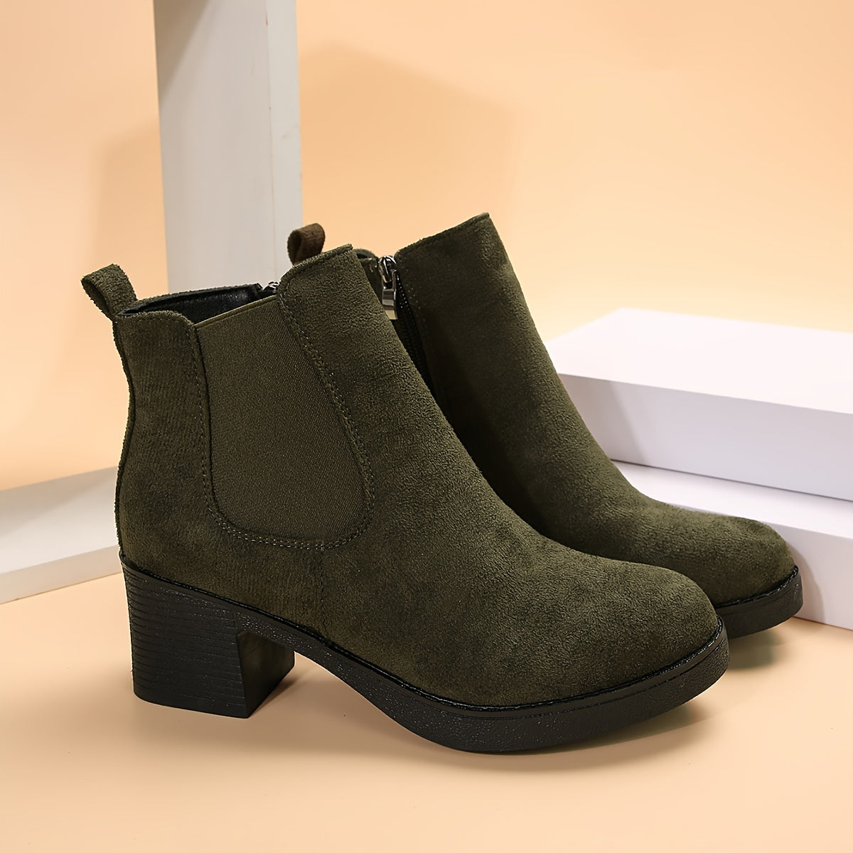 Women's Deer Chunky Heel Ankle Boots Black Non-Slip Warm Lined Short Boots