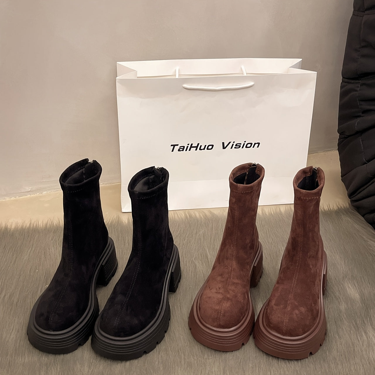 Women Chunky Platform Ankle Boots Brown Slip-On Zipper Cushioned Sole