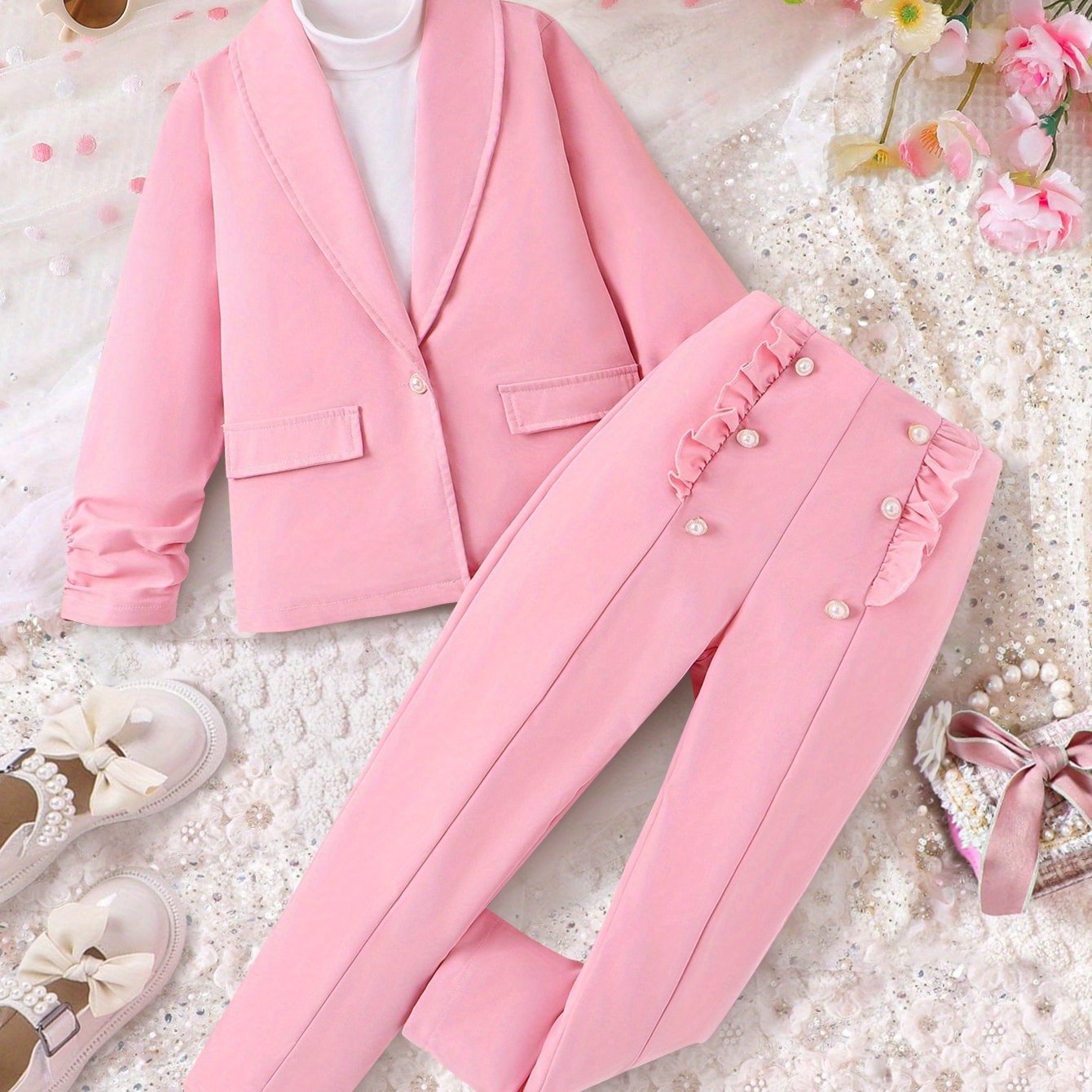 Girls Pink Formal Outfit with Button Detail for Fall Winter Outdoor Events