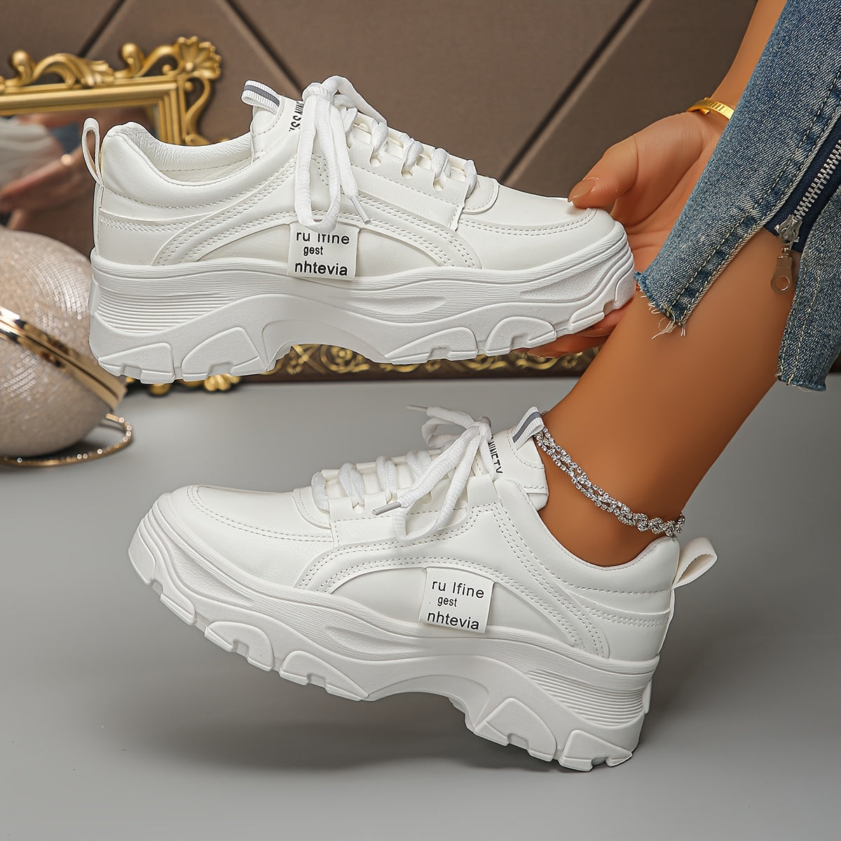 Women's White Casual Sneakers With Thick Sole and Rubber Outsole