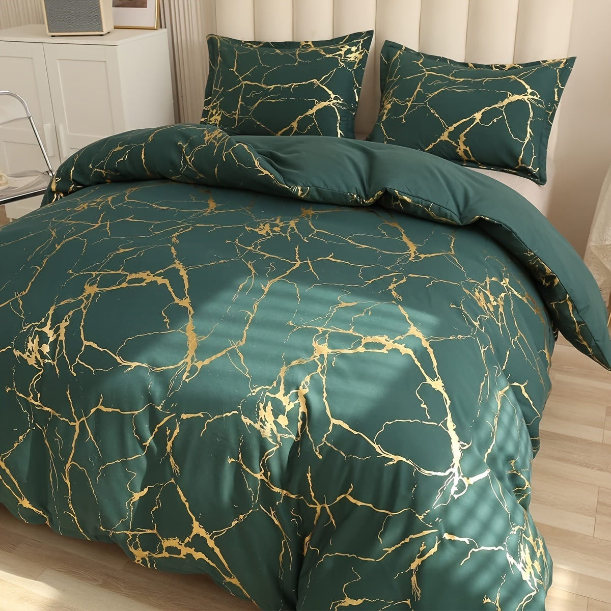 White Marble Pattern Quilt Cover Set with Gold Foil Print 2/3 Pieces Bedding