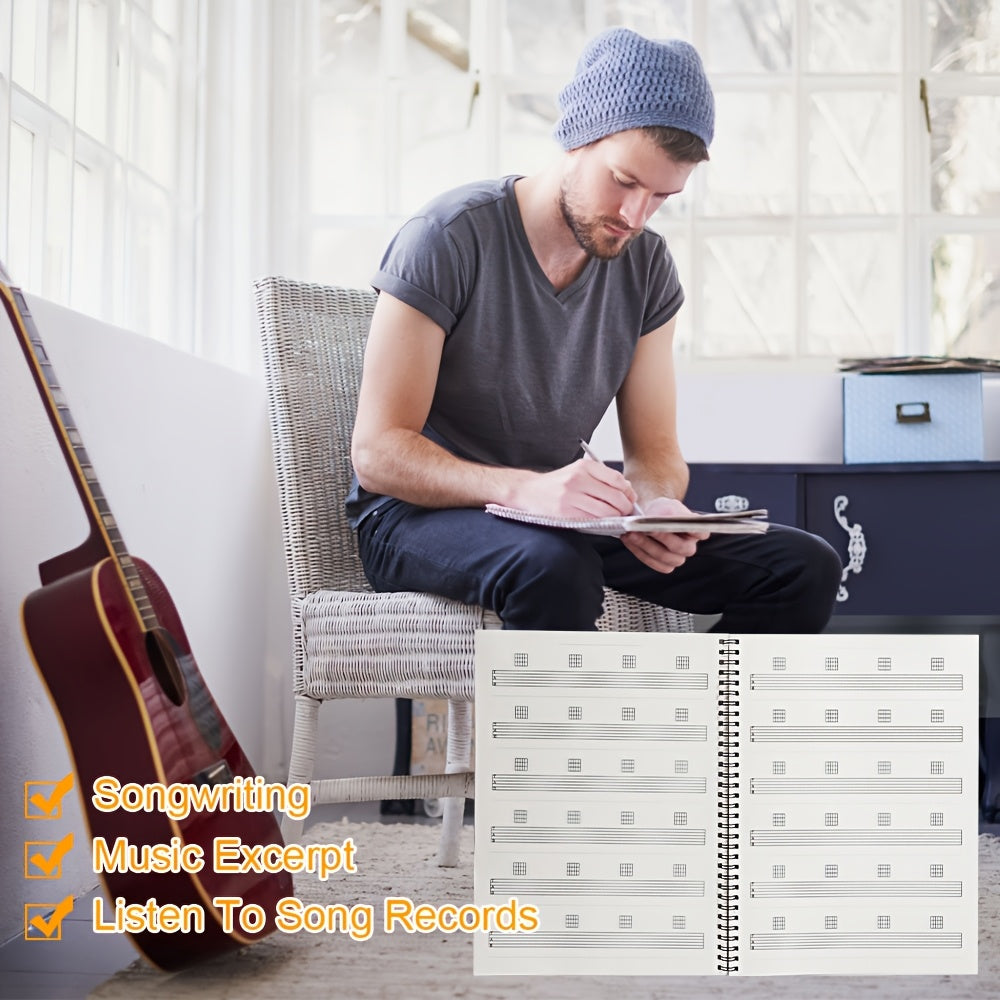 Cuaderno de práctica de guitarra con 50 hojas en blanco con pentagramas y diagramas de acordes