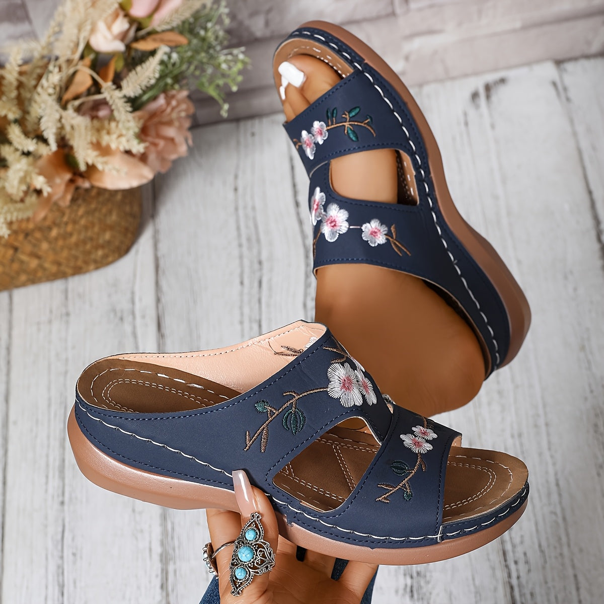 Women's Floral Embroidered Slip-On Sandals Open-Toe Summer Shoes with Rubber Sole