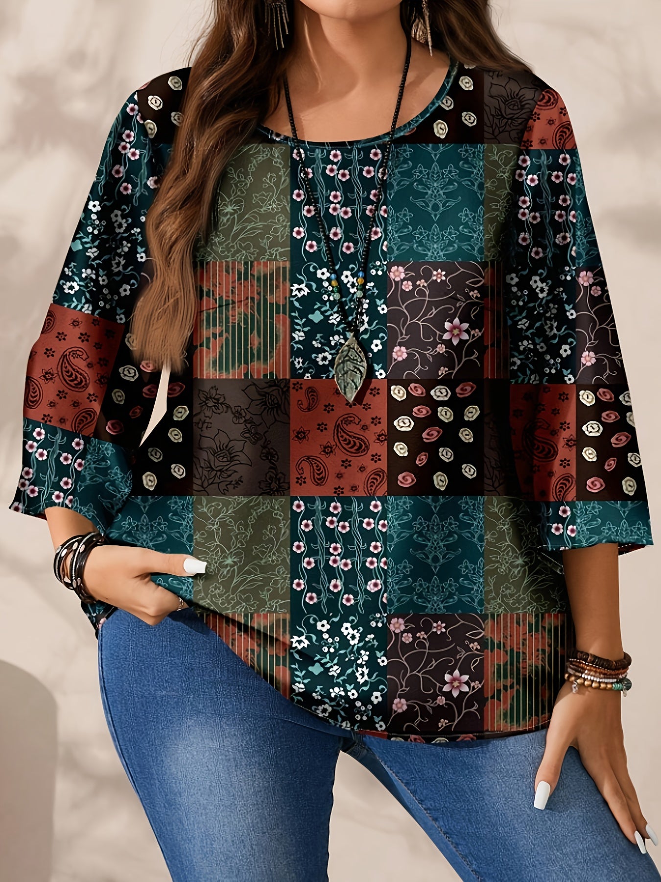 Plus Size Women's Floral Print Linen Blouse with Color Block and 3/4 Sleeves
