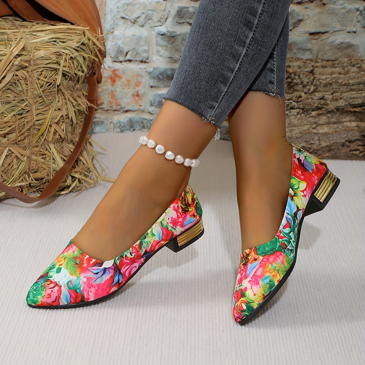 Women's Floral Print Pointed Toe Flats Soft Fabric Slip-On Shoes for Casual or Formal Wear