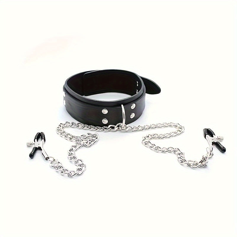 Adult Female Leather BDSM Choker with Adjustable Nipple Clamps 52cm