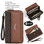 Vintage Women's Faux Leather Wallet with Wristlet Dual-Clasp Closure Zipper Card Slots Photo Pocket