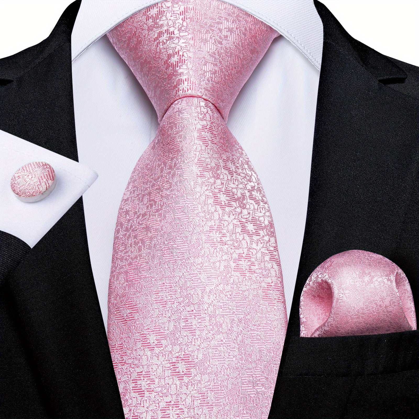 Stylish Men's Pink Patterned Tie Set with Pocket Square, Hanky, and Cufflinks - Perfect for Weddings or as a Gift