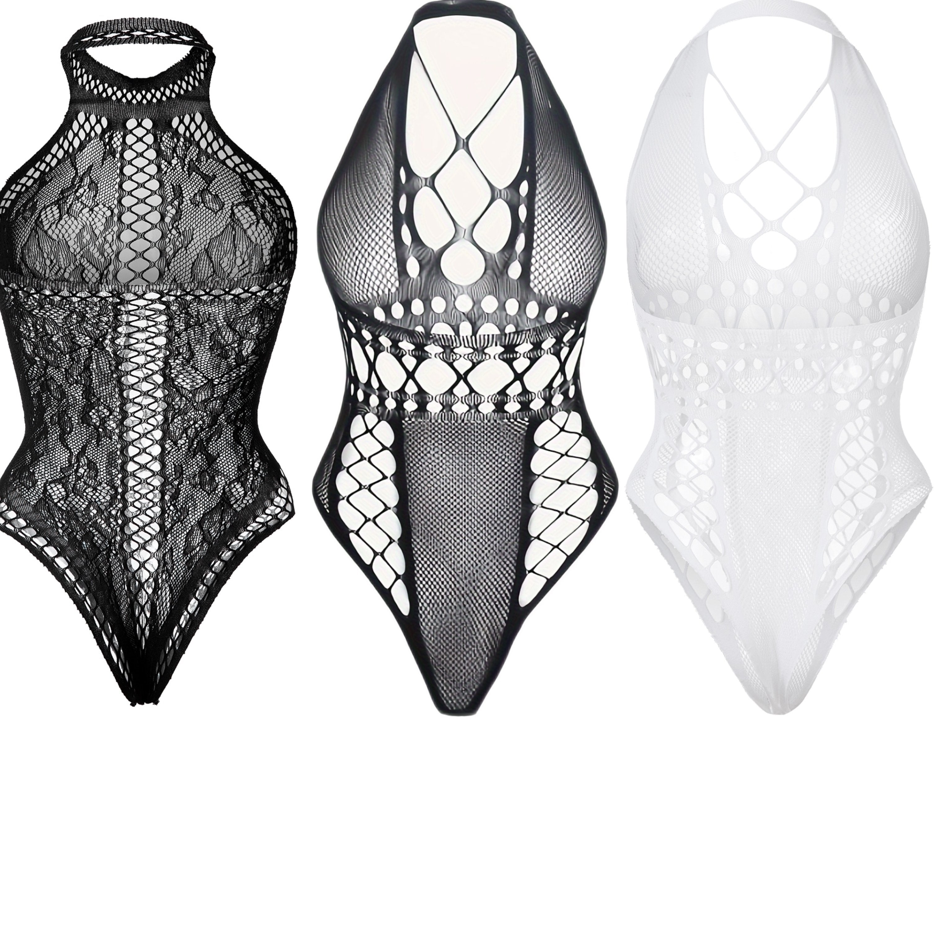 Women’s Lace Mesh Bodysuits 3-Pack Hollow-Out Jacquard Knit Low Support Nightclub Fashion