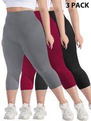 Women's Plus Size High Waist Capri Leggings Stretchy Solid Color Pack of 3