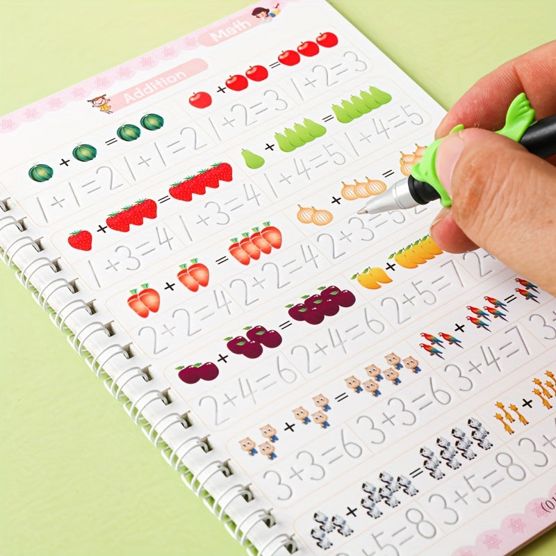 Conjunto de libros de práctica de caligrafía en inglés para niños de 3 años en adelante con pluma de acero, pluma dura y ranuras digitales