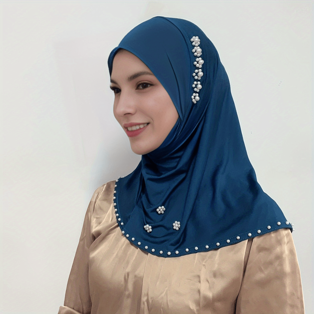 Solid Color Elastic Hijab Scarf with Faux Pearl Decoration for Women