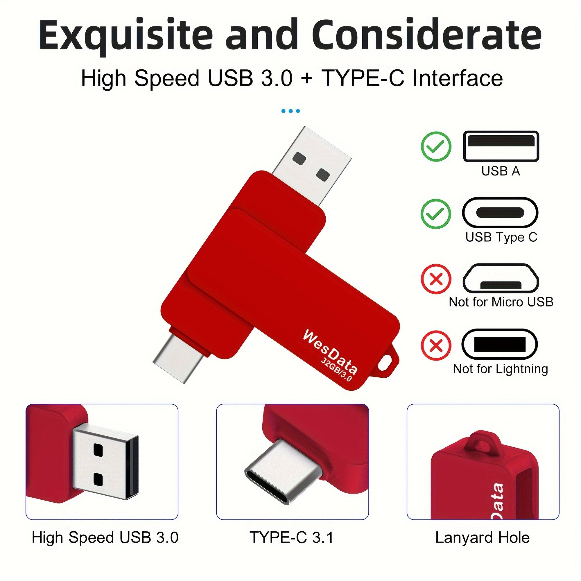 WesData USB-C flesh xotira qurilmasi 32GB, 64GB va 128GB xotira variantlari bilan, Android smartfonlari, planshetlar, noutbuklar, MacBook va PC bilan mos keladi. Turli tadbirlar uchun ideal sovg'a.
