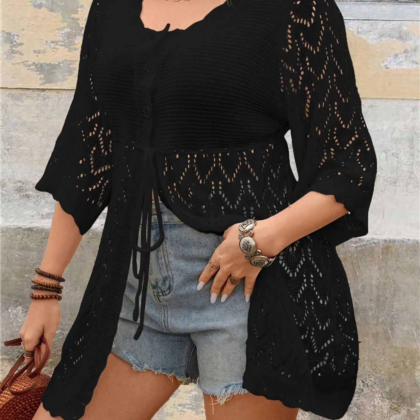 Women Plus Size Tie-Front V-Neck Cardigan for Spring and Autumn