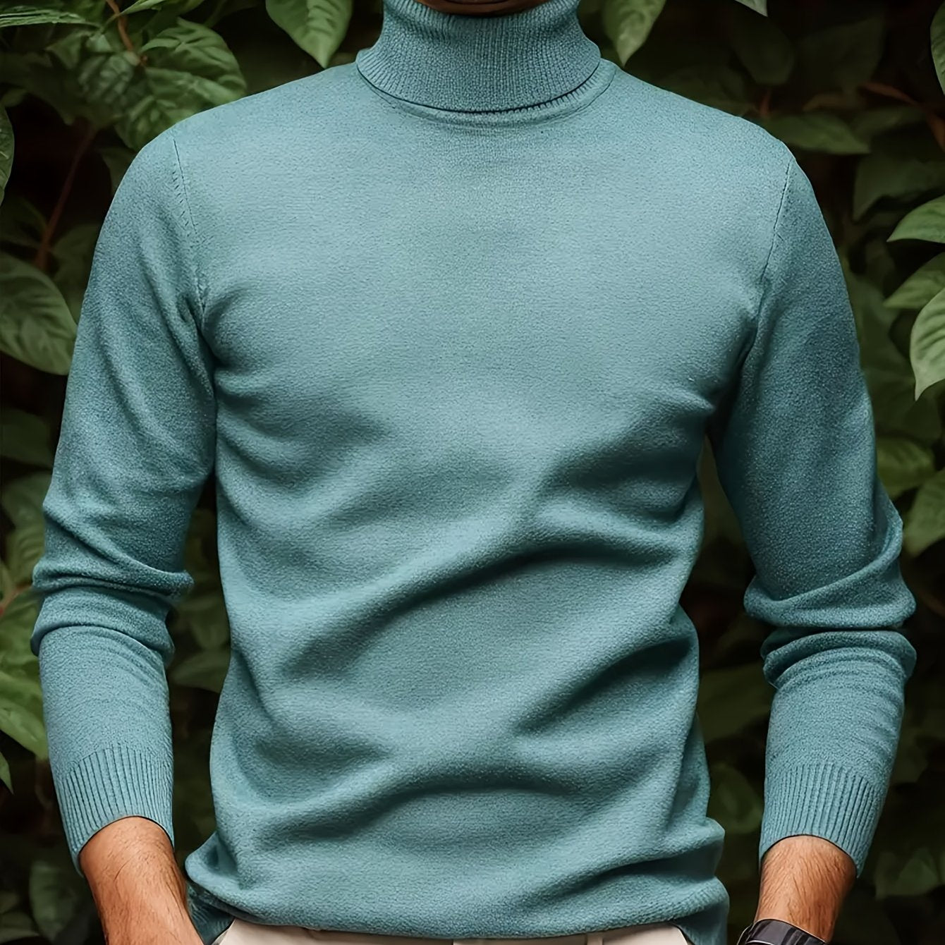 Suéter de cuello alto azul claro para hombre con puños acanalados, mangas largas, mezcla de viscosa, otoño e invierno