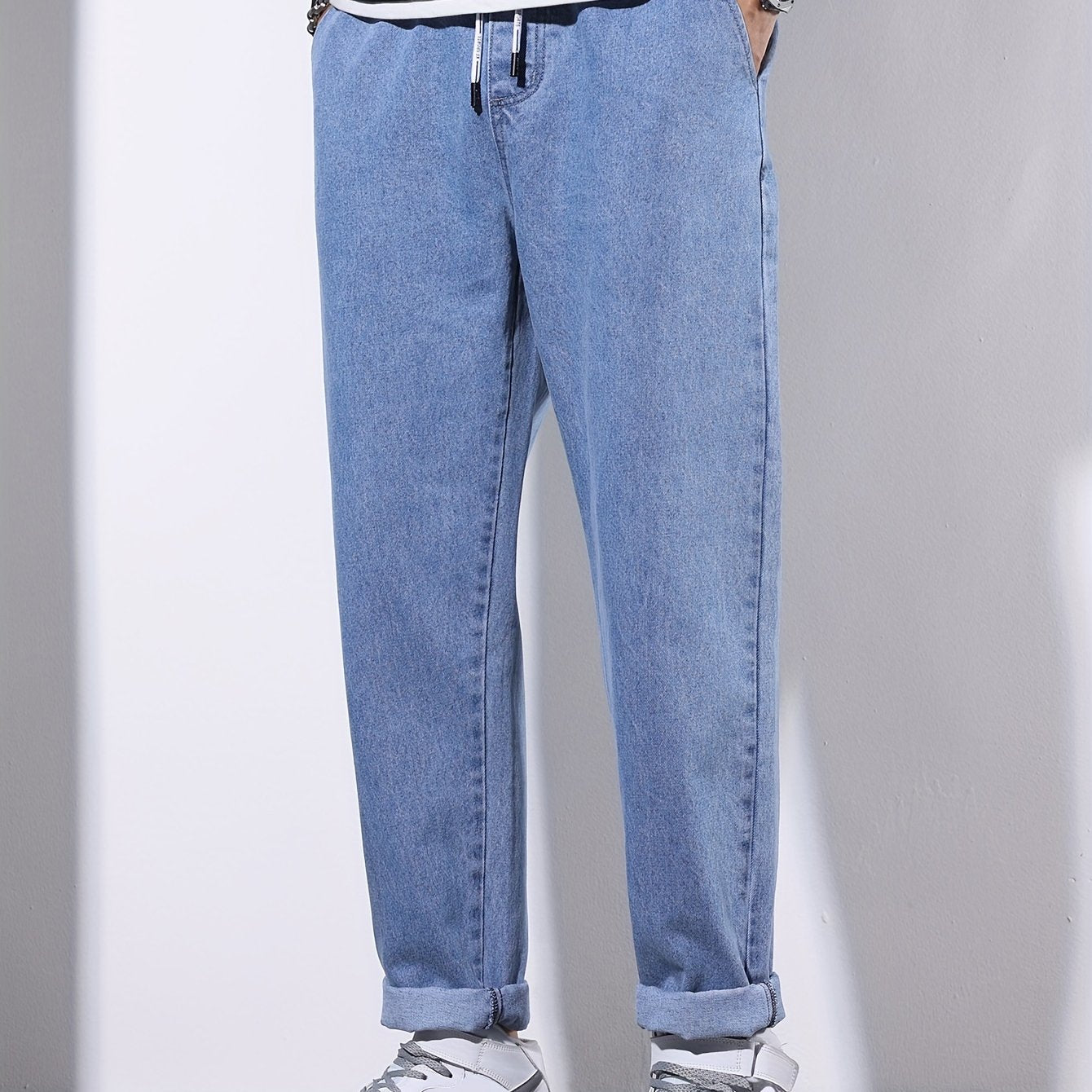 Men's Denim Pants Regular Fit Solid Wash Cotton Blend Casual Drawstring Waist