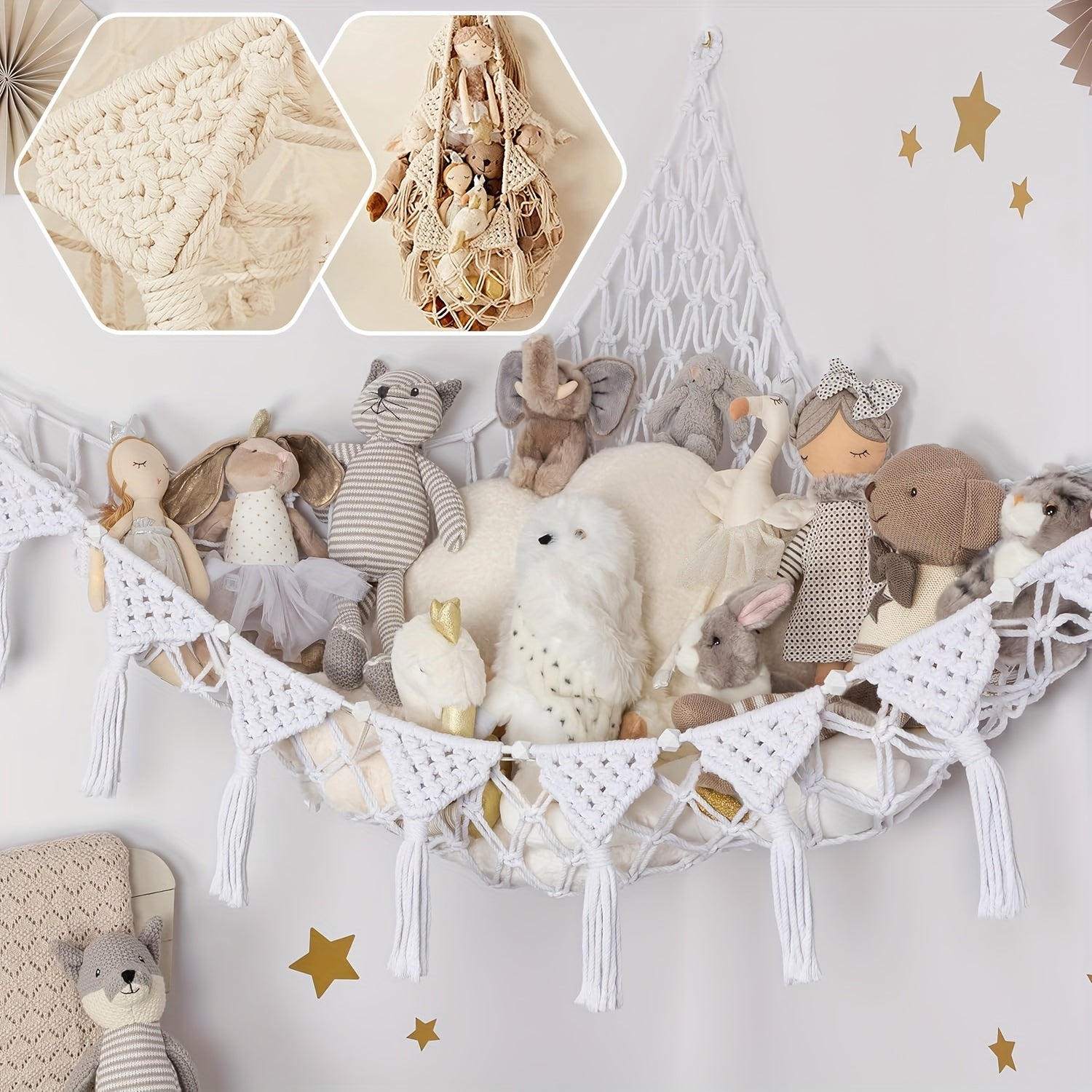 Macrame Stuffed Animal Storage Net for Nursery Decor Kids Toy Organizer