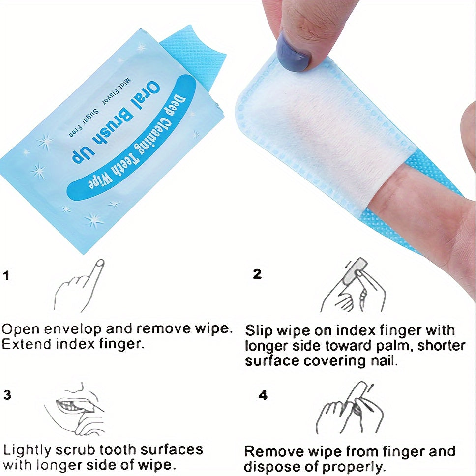 100Pcs Mint Flavored Finger Tooth Wipes Oral Cleaning Teeth Whitening