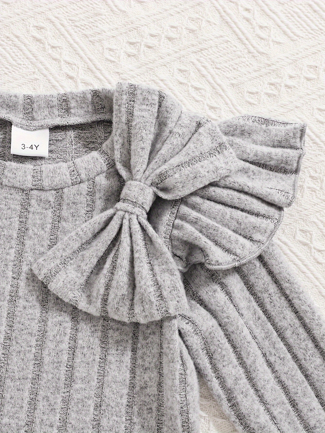 Girls' Fall Winter Solid Color Ribbed Bow Top and Bell-Bottom Pants Set