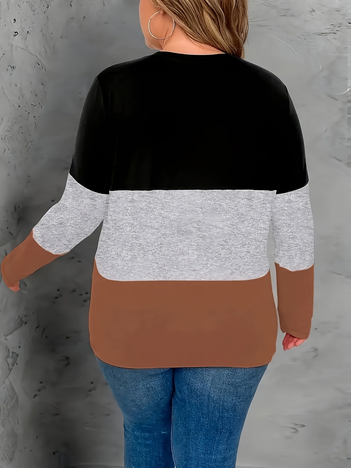 Plus Size Women's Color-Block Long Sleeve Top Polyester Blend Round Neck Casual Wear