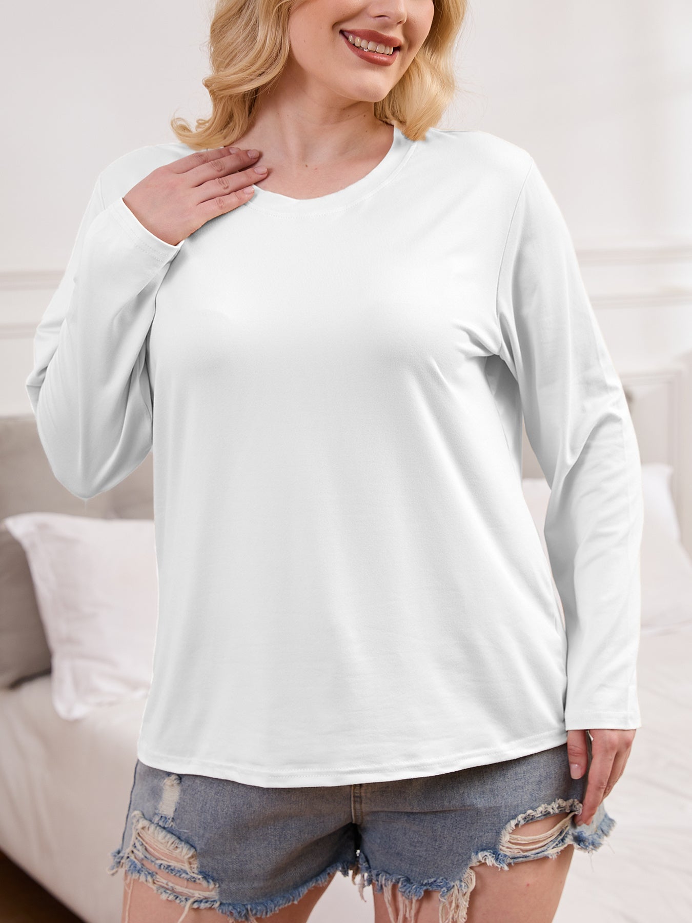 Футболка большого размера с длинным рукавом, дышащая, эластичная, с круглым вырезом, однотонная, для всех сезонов