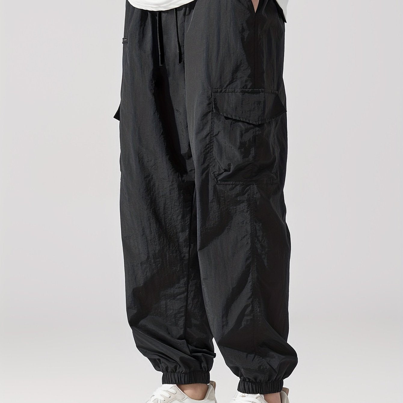 Plus Size Men's Black Nylon Joggers Lightweight Loose Fit Casual Sporty Sweatpants