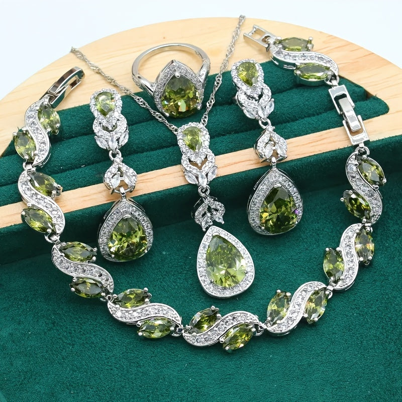 Olive Green Zirconia Jewelry Set for Women with Necklace Earrings Bracelet and Adjustable Ring