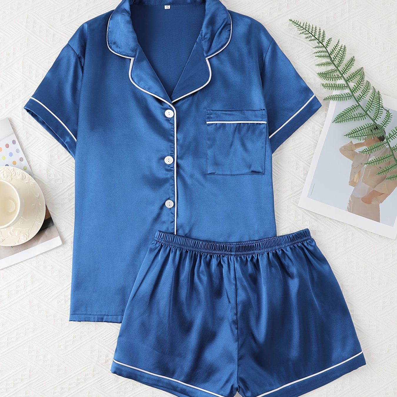 Adult Satin Solid Color Double Shorts Pajama Set