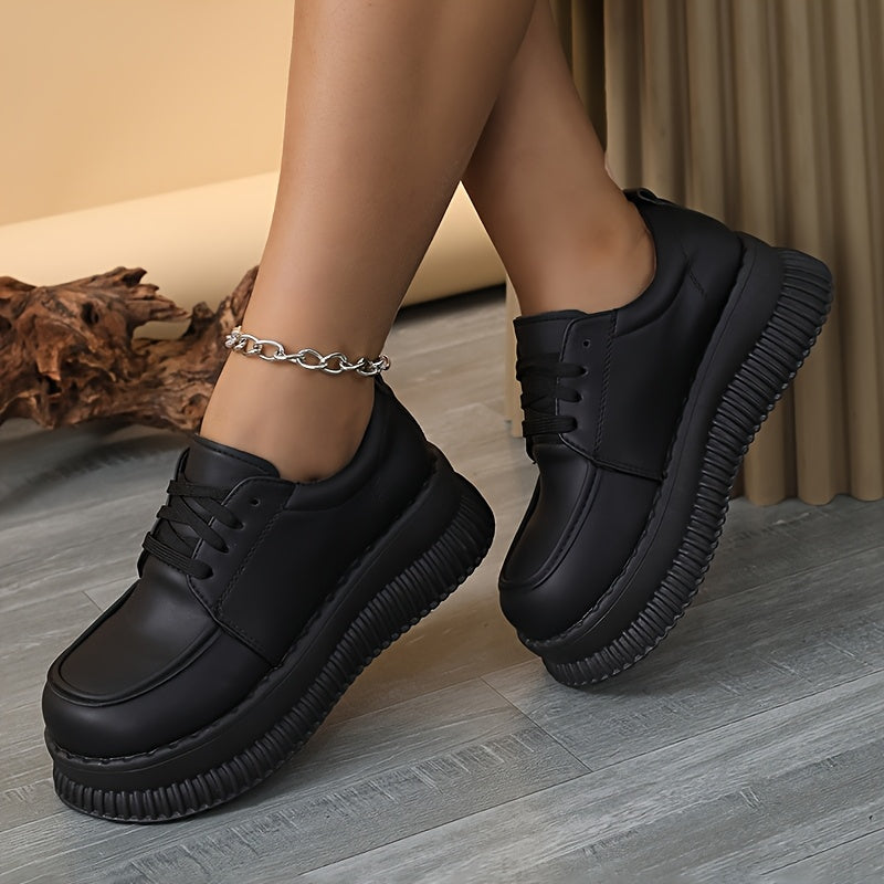 Women's Platform Oxford Shoes Black Lace-Up Chunky Sole Casual Office Loafers