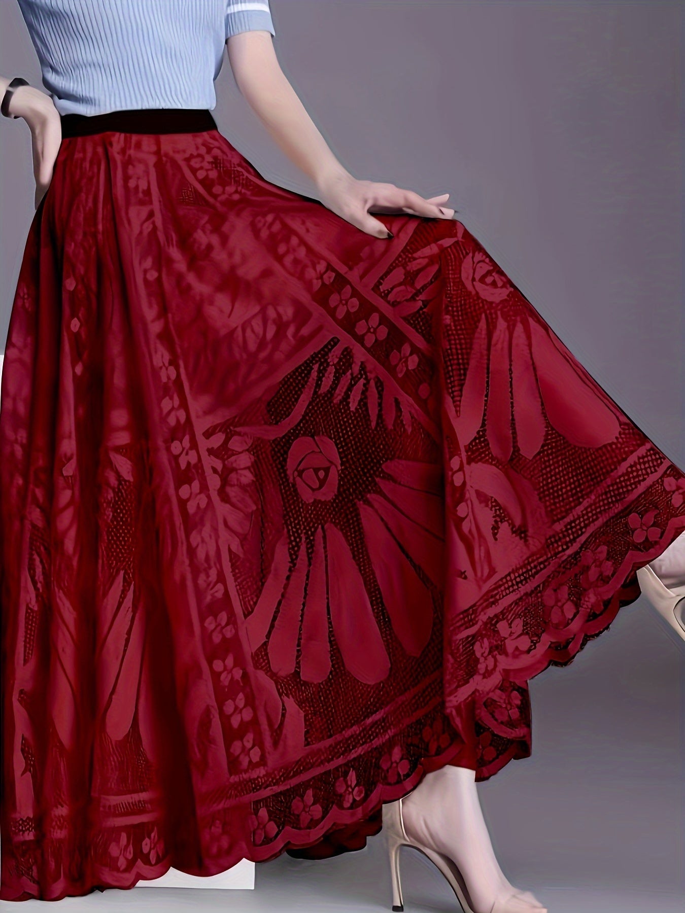 Vestido de encaje floral de lavado a mano con forma A, detalle de abanico y falda midi plisada para primavera, verano y otoño