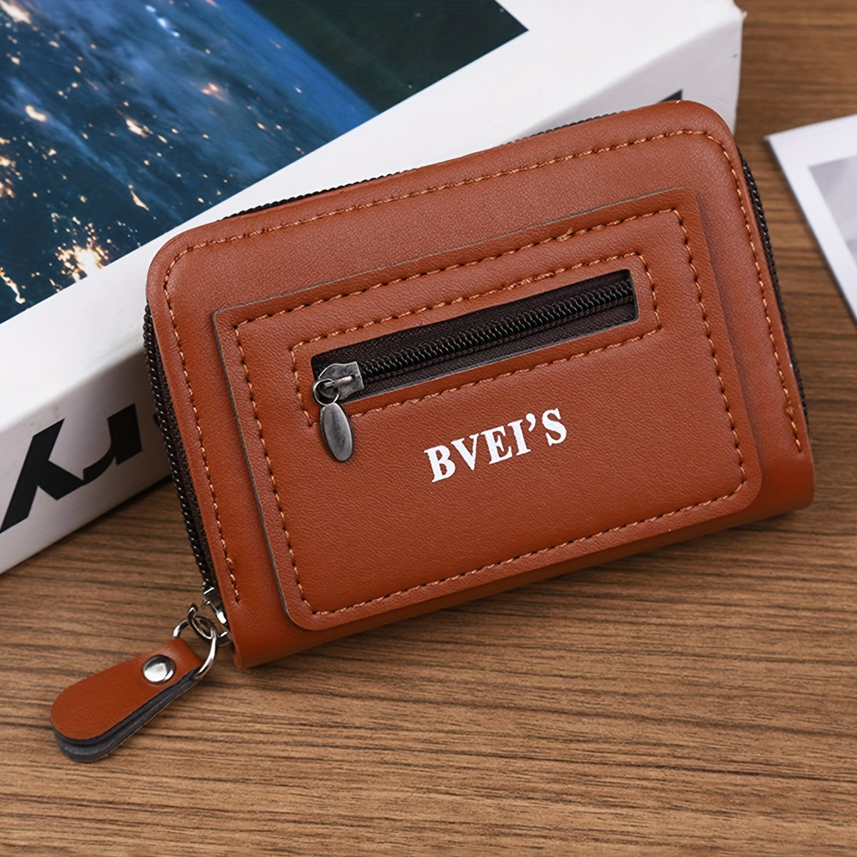 Men's PU Leather Wallet with Card Slots Zipper Coin Pocket Solid Color