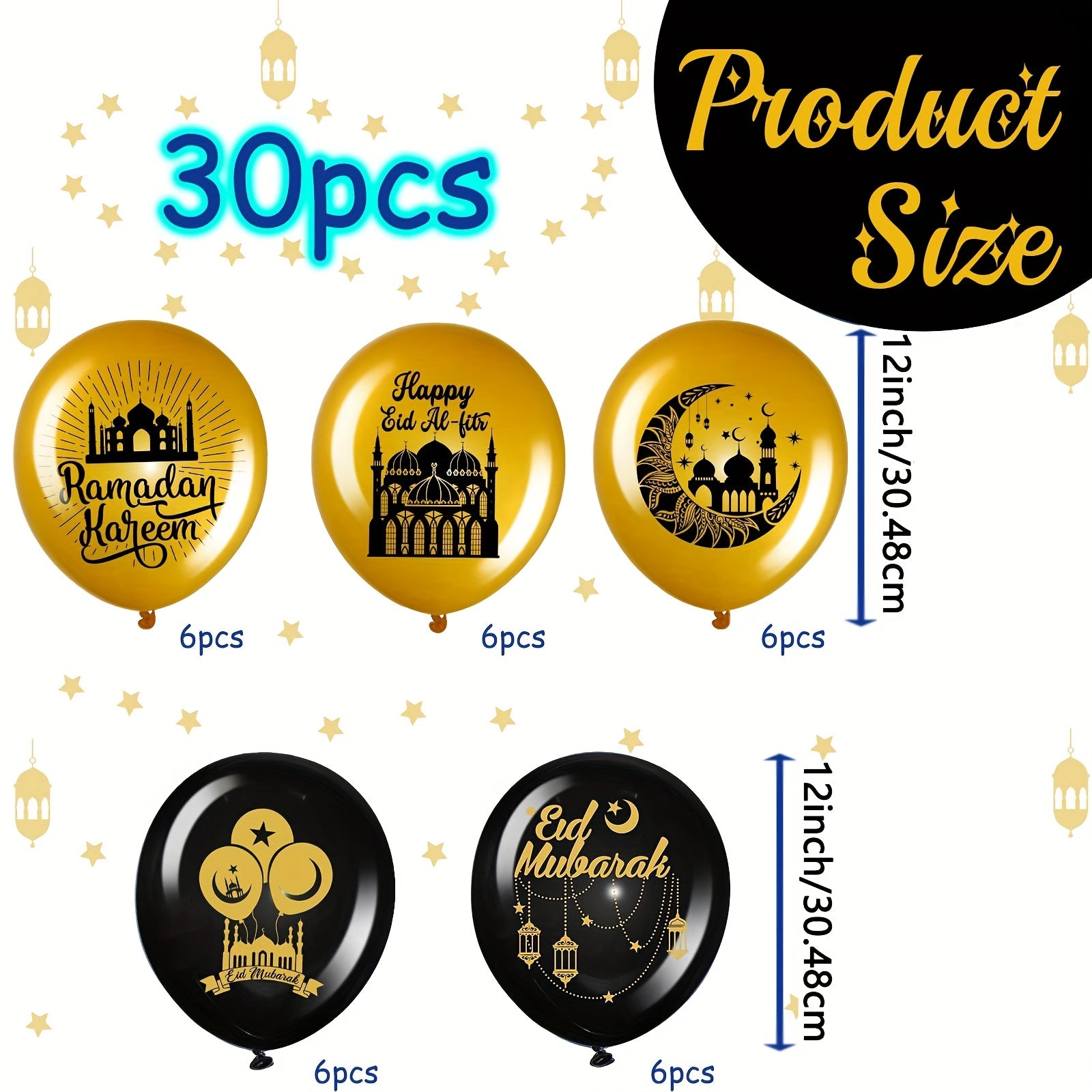 30pcs Black and Gold Latex Ramadan Mubarak Balloons for Eid Celebration Indoor Outdoor