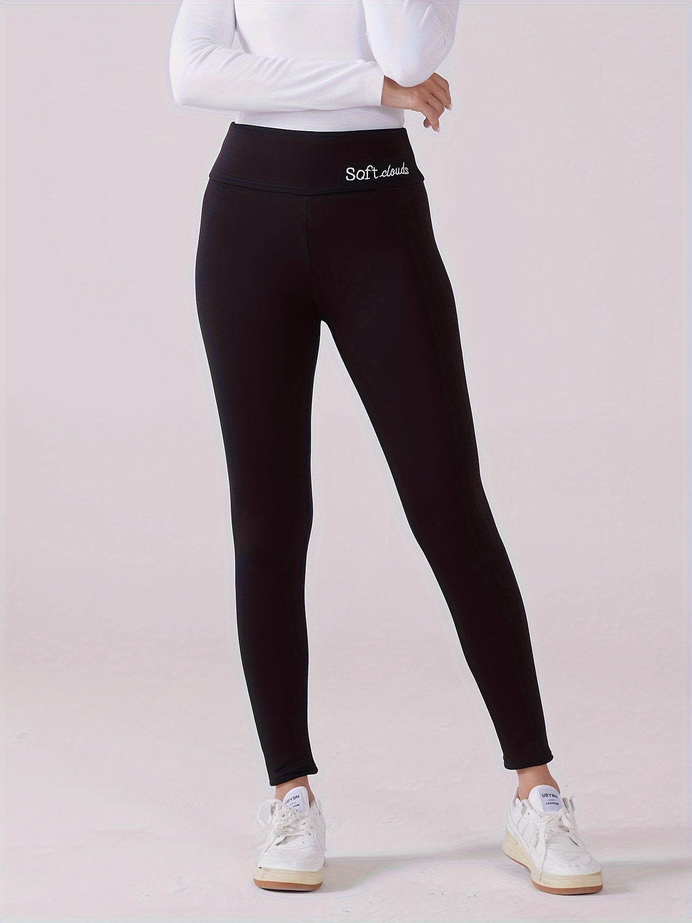 Leggings de cintura alta forrados de felpa para mujer con bordado mezcla de poliéster otoño invierno