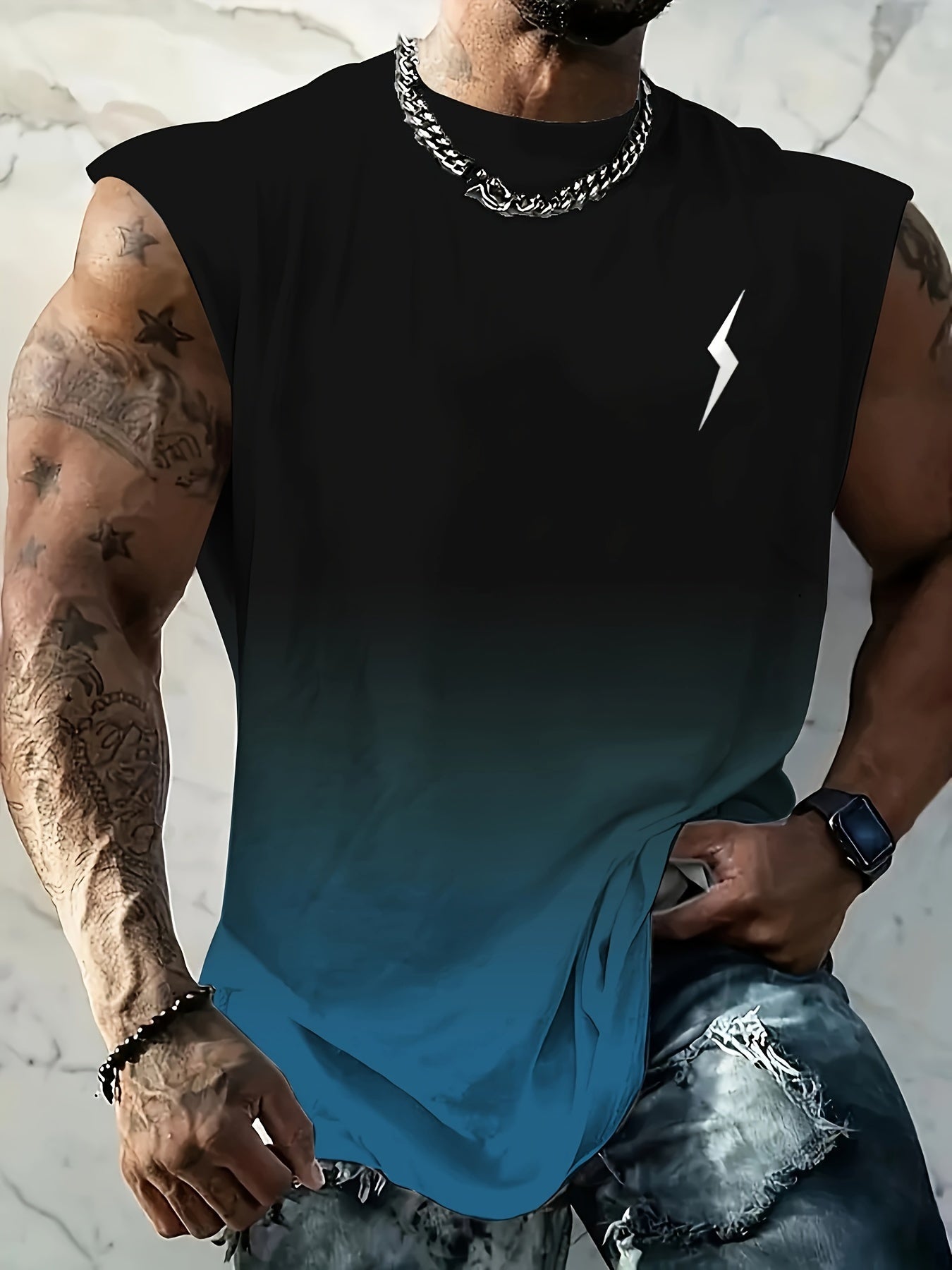 Plus Size Men's Tank Top with Lightning Print for Summer Workouts and Basketball
