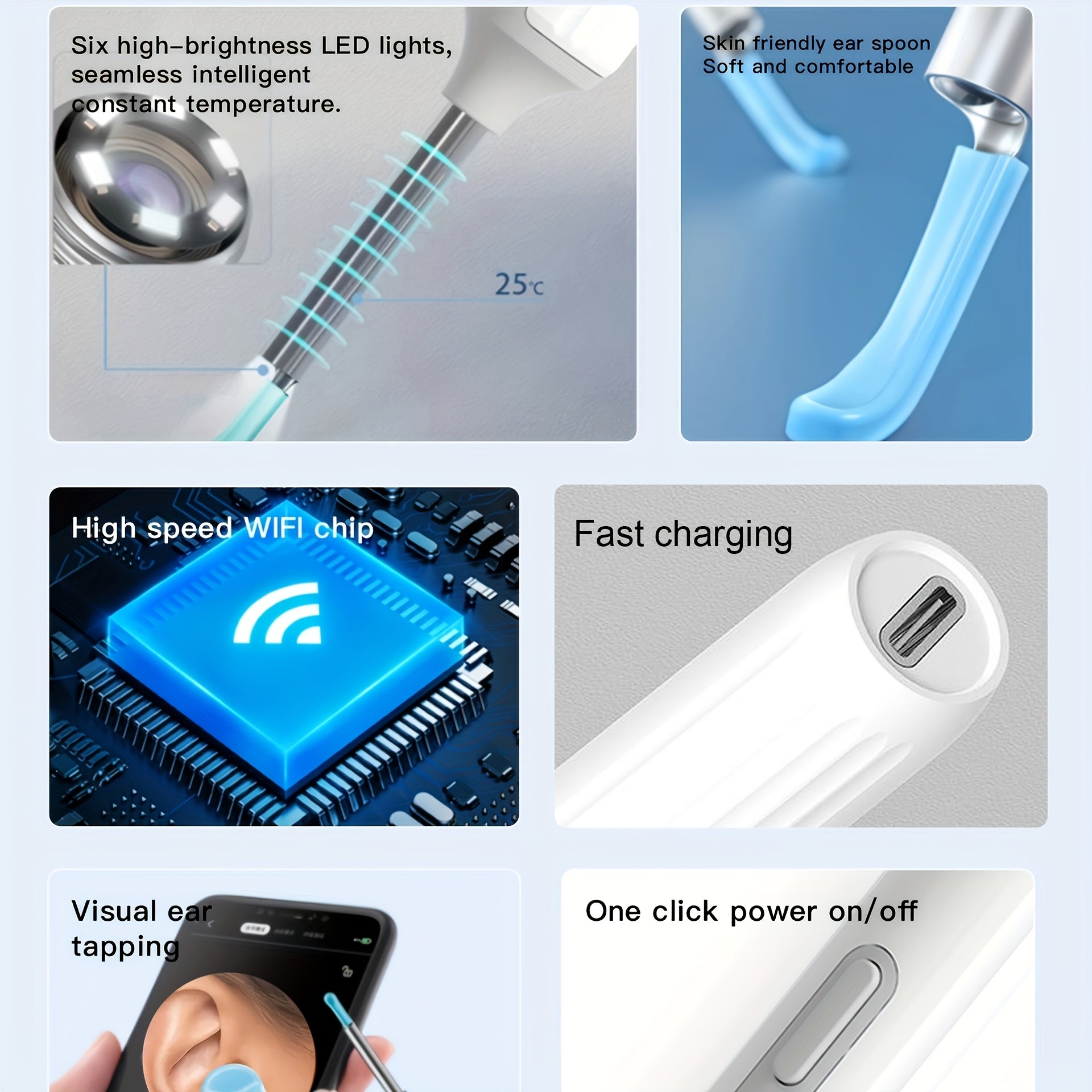 Cuckoo Yun quloq mumini olib tashlash vositasi, kamera bilan, USB quvvatlanadigan, qayta zaryadlanadigan, Wi-Fi, HD ko'zgu, LED chiroqlar va 6 ta quloq tozalash asbobi. Quloq mumini olib tashlash uchun mukammal sovg'a.
