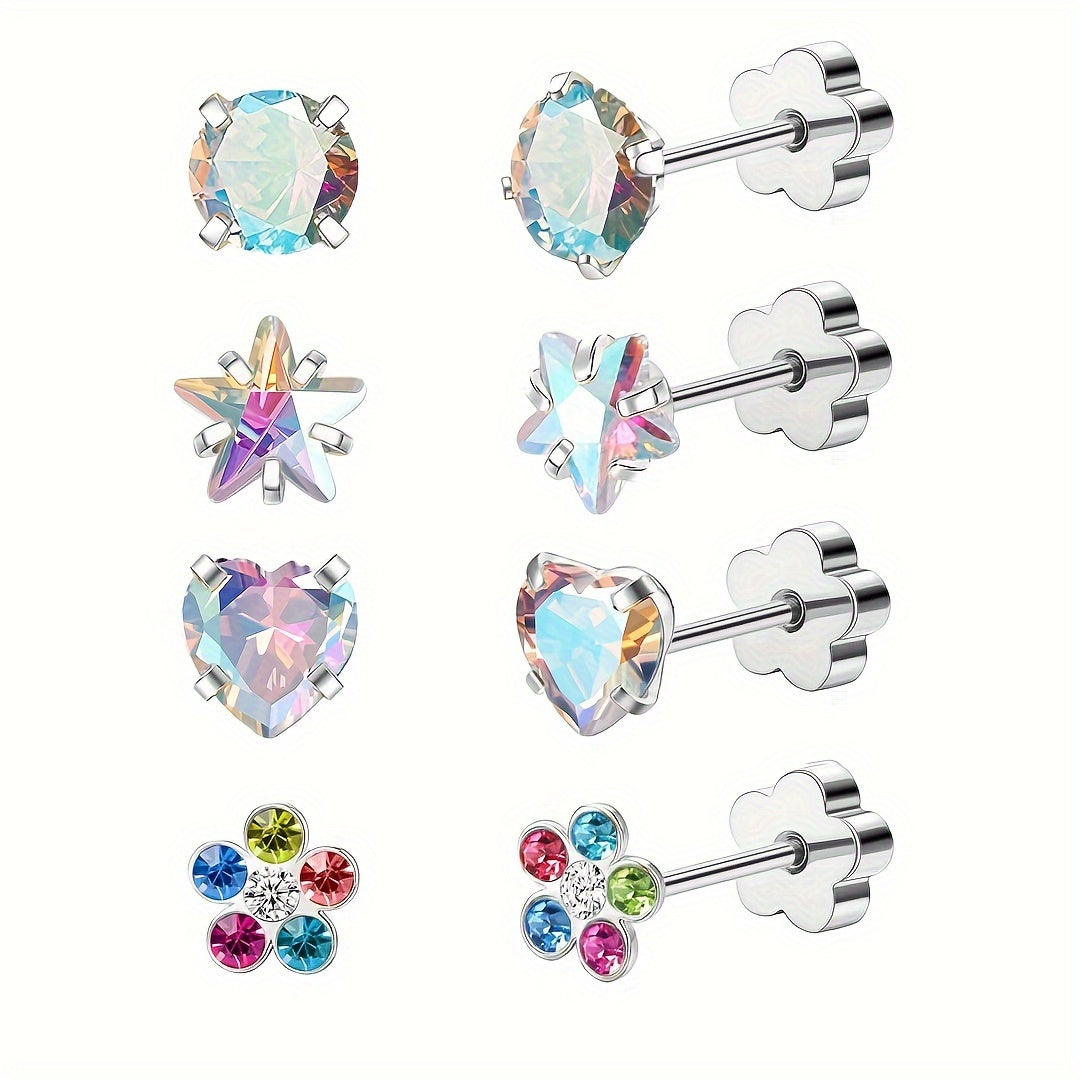 Hypoallergenic Flat Back Earrings for Women Men Girls Star Heart Protein Stone Silver Pink AB