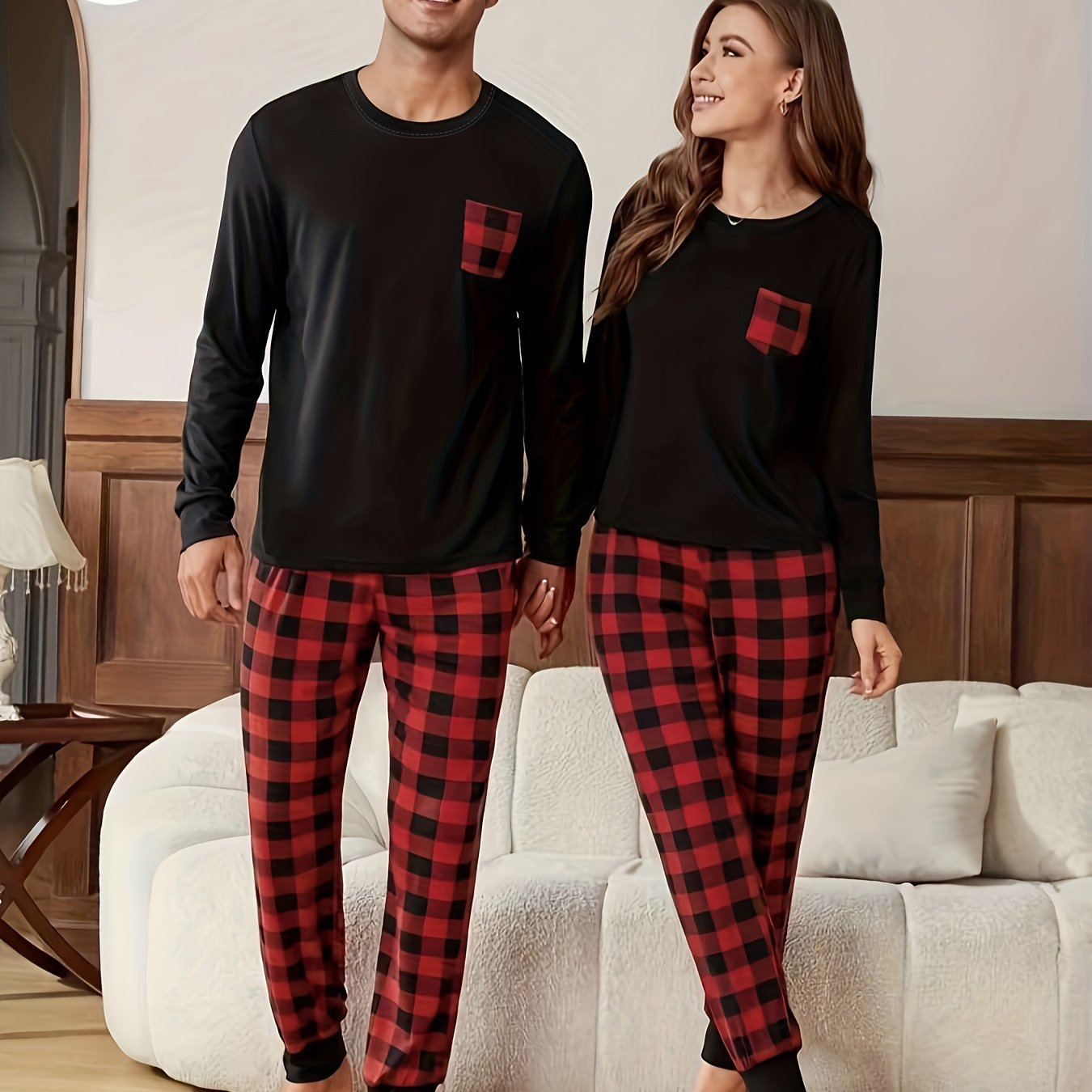 Men's Long Sleeve Plaid Pajama Set in Polyester Knit Fabric with Pockets for Fall Winter