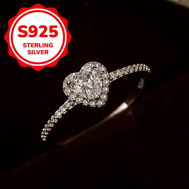 Sterling Silver Promise Ring with Heart Design and Zirconia Stones for Women
