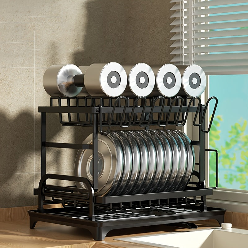 Large Metal 2-Layer Dish Drying Rack with Drain Board and Accessories
