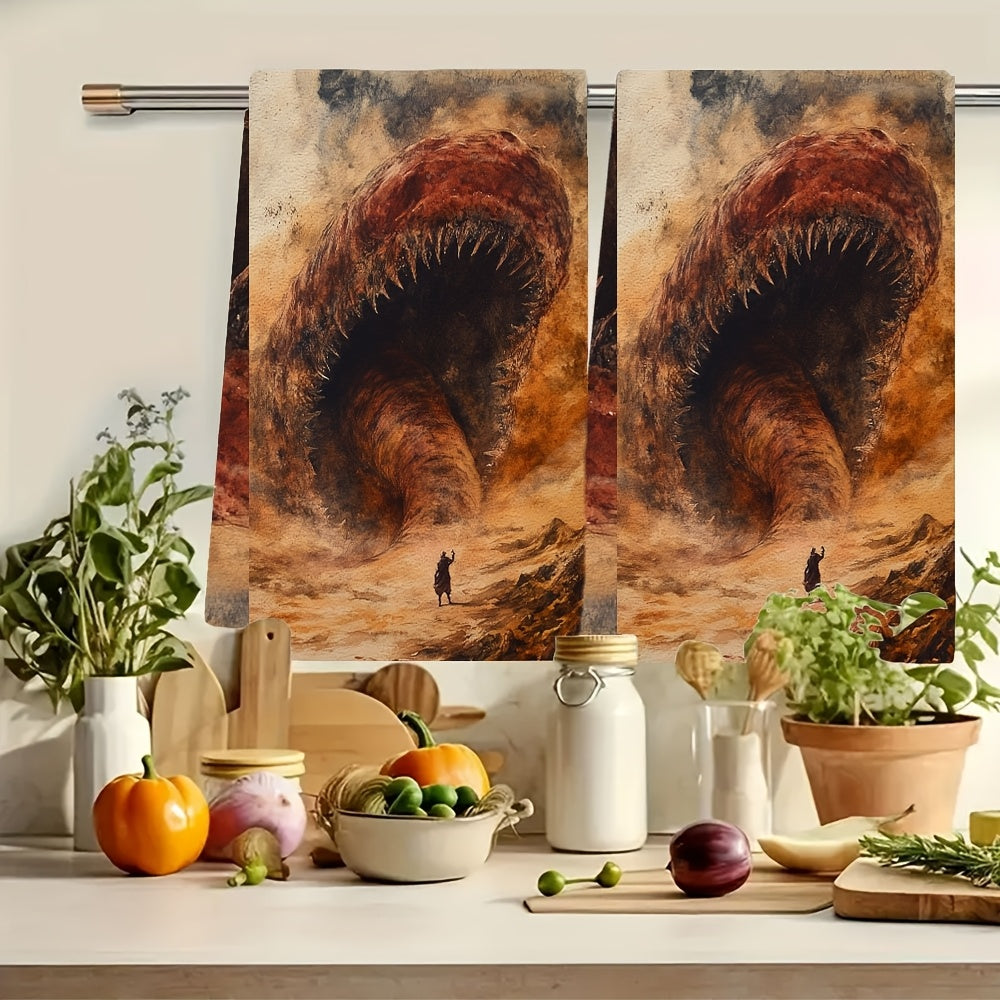 2 ta Ultra Yumshoq Oshxona Sochiqlari to'plami Shai Hulud Qumqop dizayni bilan. Ushbu juda singdiruvchi va mashinada yuviladigan idish qo'l sochiqlari 40.64x60.96 sm o'lchamda. Bayram bezaklari va har kuni foydalanish uchun mukammal.