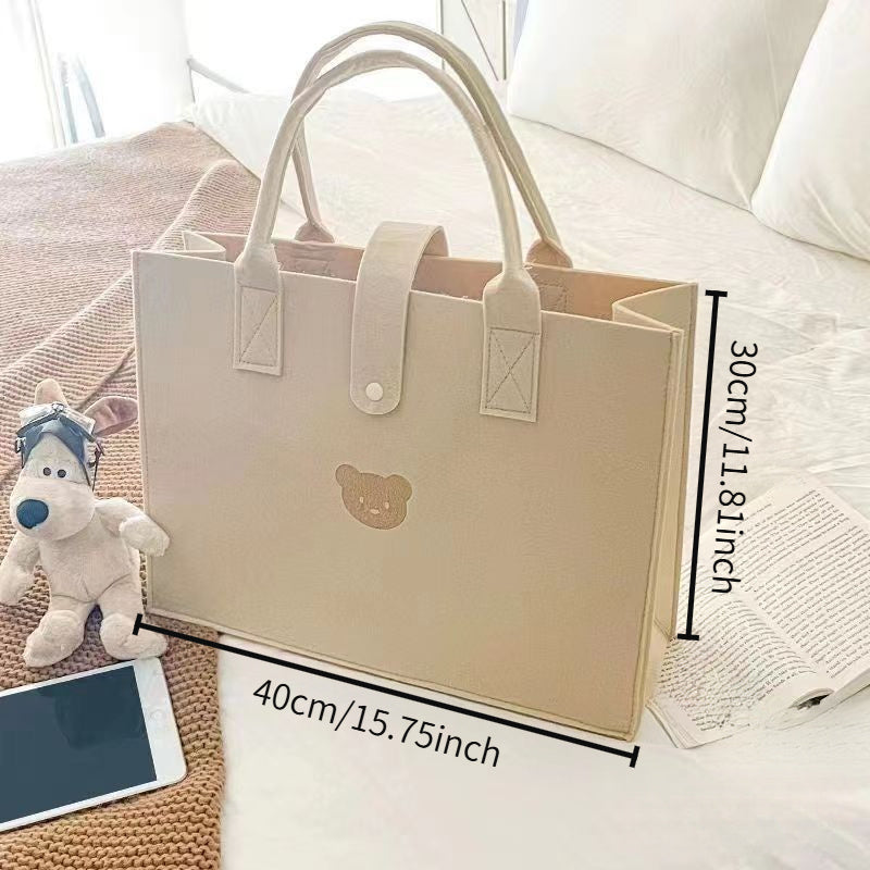 Beige Felt Tote Bag with Bear Design for Girls Spacious Shoulder Handbag for Shopping and Daily Use