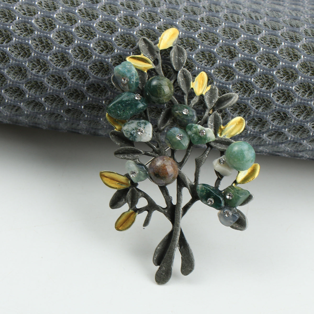Vintage Enamel Brooch with Rhinestones Tree of Life Floral Jewelry for Women