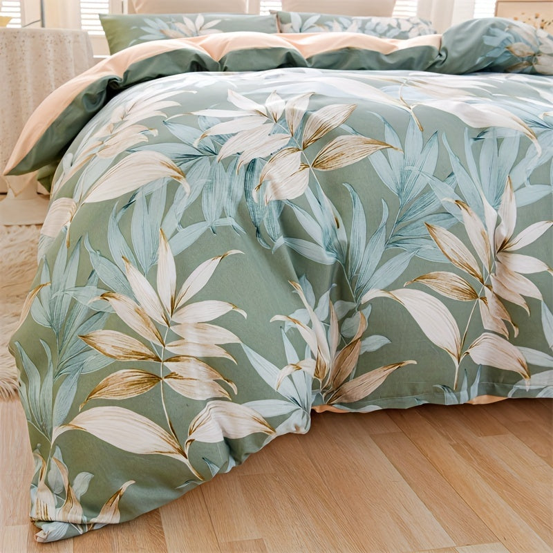 Green Leaf Print Duvet Cover Set with Pillowcases 3 Pieces Soft Polyester for Bedroom