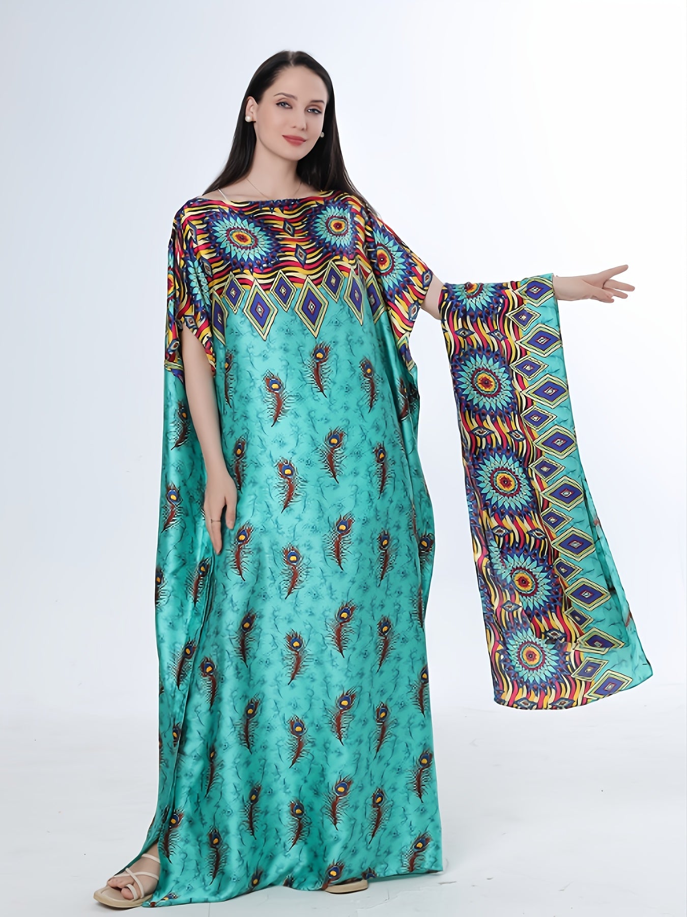 Women's Plus Size Bohemian Long Shirt Dress with Batwing Sleeves and Geometric Print