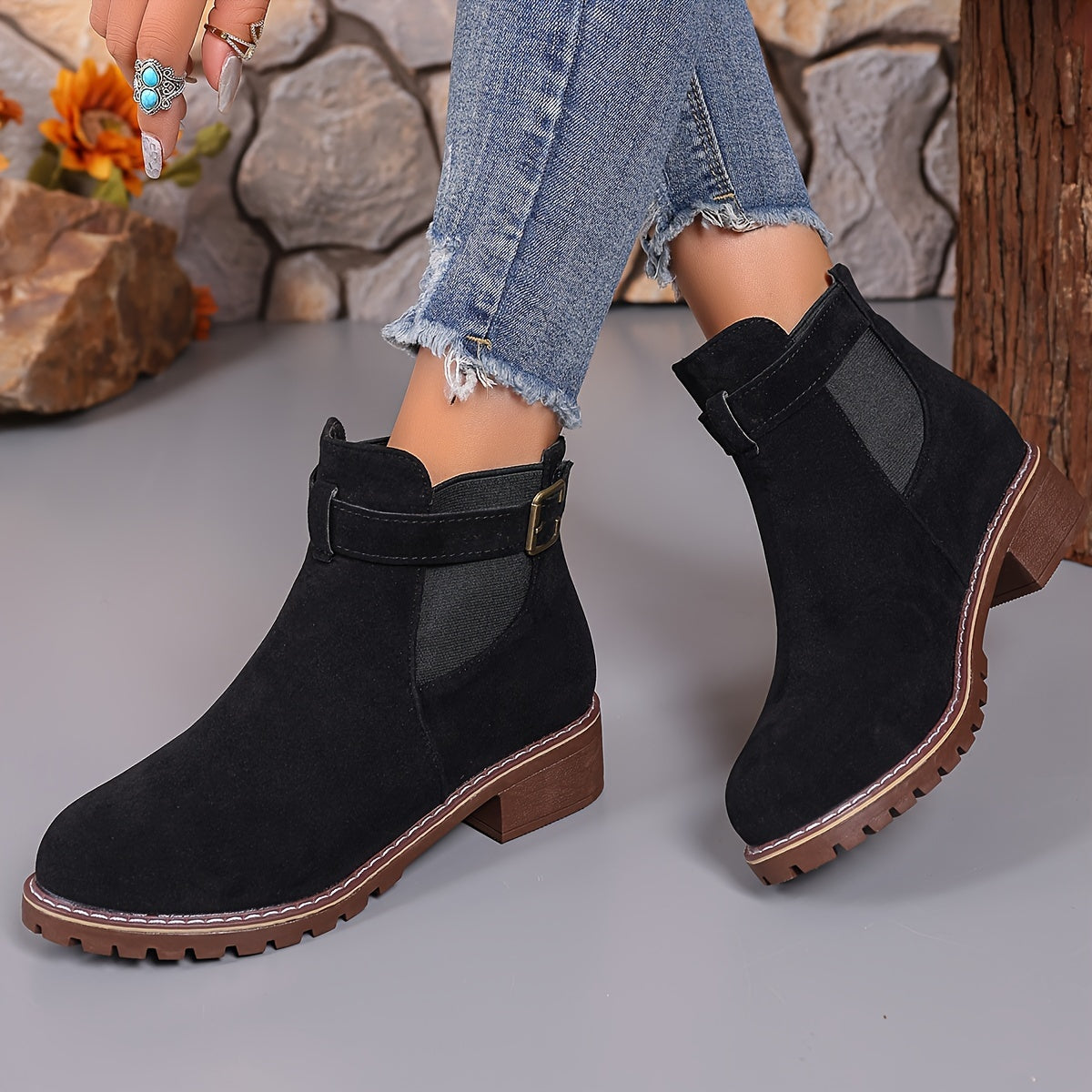 Women's Chunky Heel Ankle Boots Faux Cover Upper TPR Sole Mid-Calf