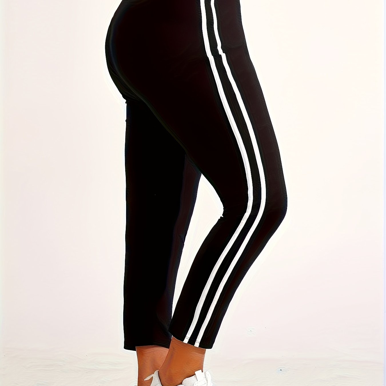 Women's Plus Size High-Waisted Yoga Pants Tummy Control Fitness Leggings with Side Stripes