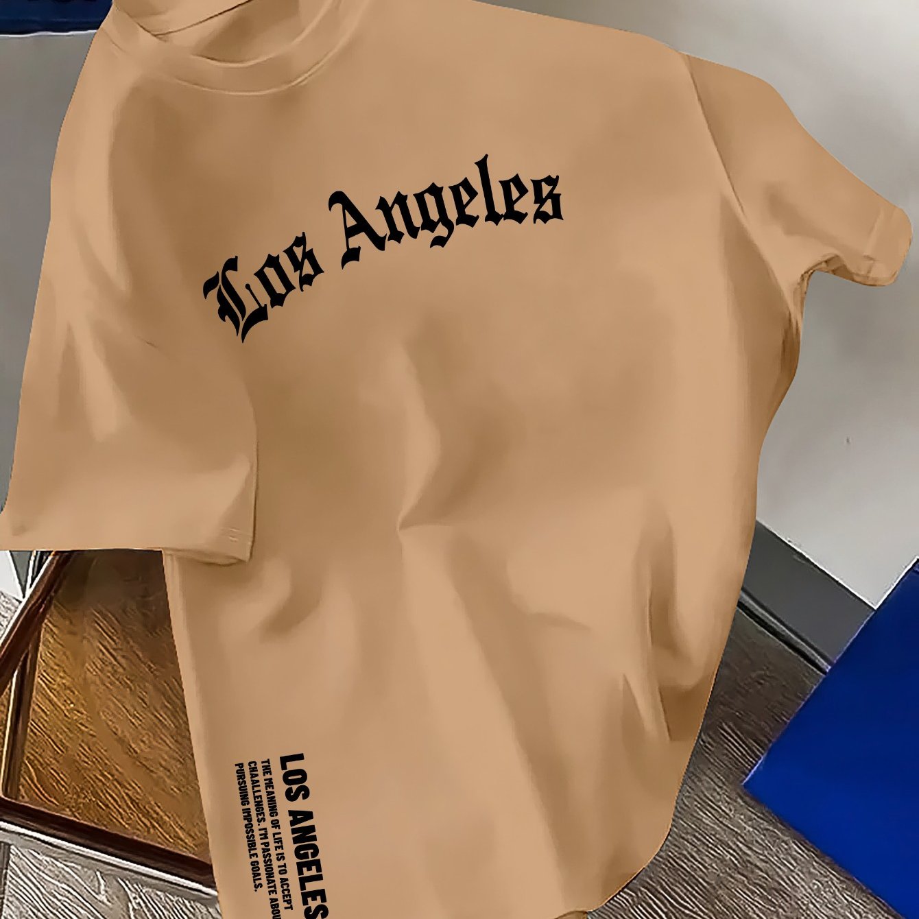 Men's Polyester T-Shirt with Geometric Los Angeles Print Crew Neck Regular Fit for Summer